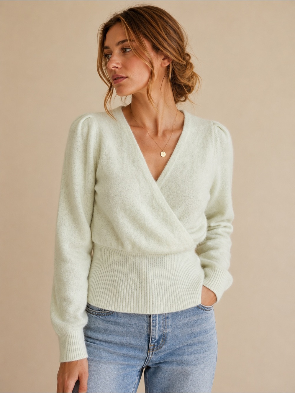 Something Navy Alpaca Blend Faux Wrap Puff Sleeve Sweater Light Green Size Small